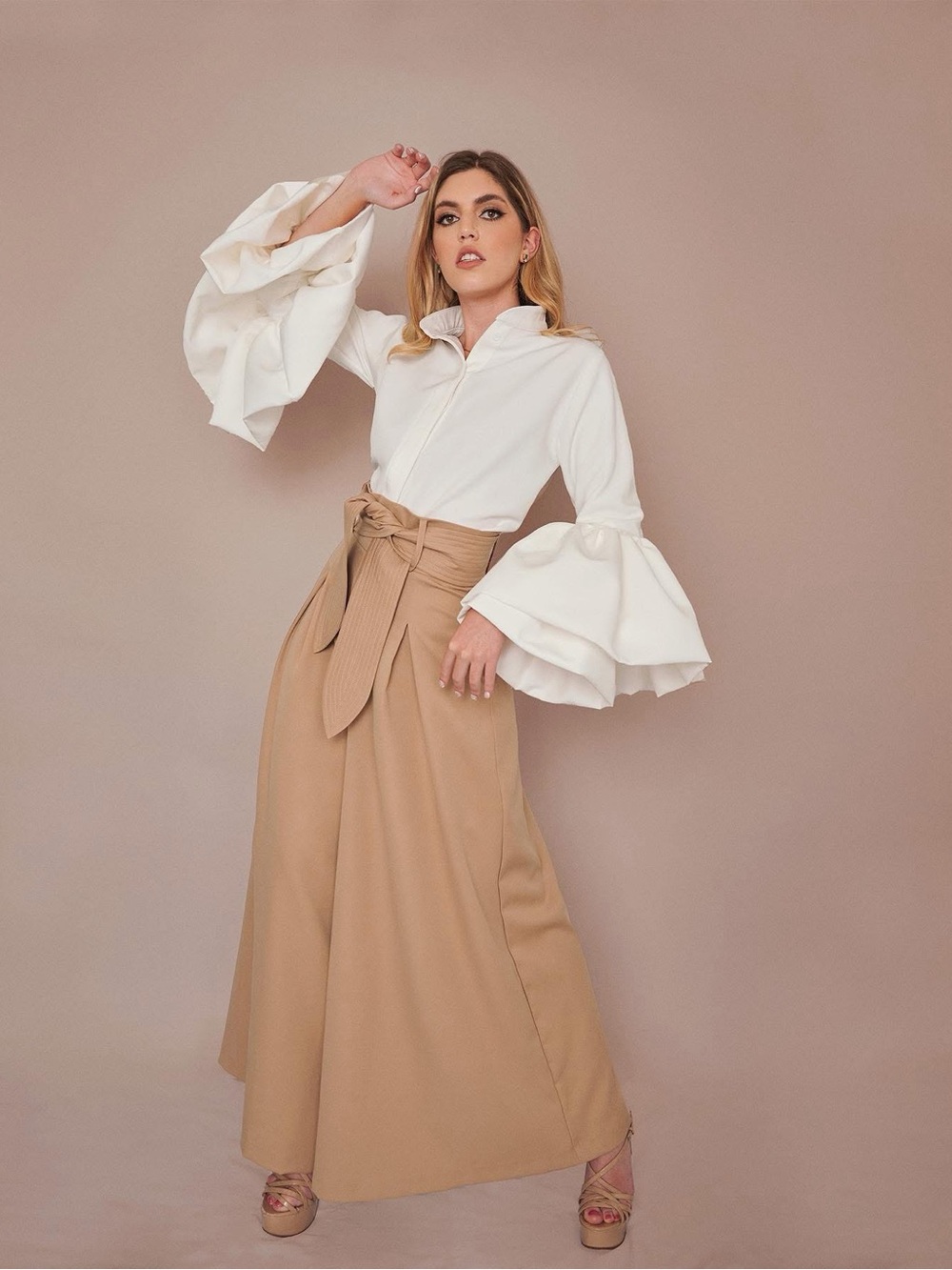 Designer Beige High-Waist Wide Leg Pant Large